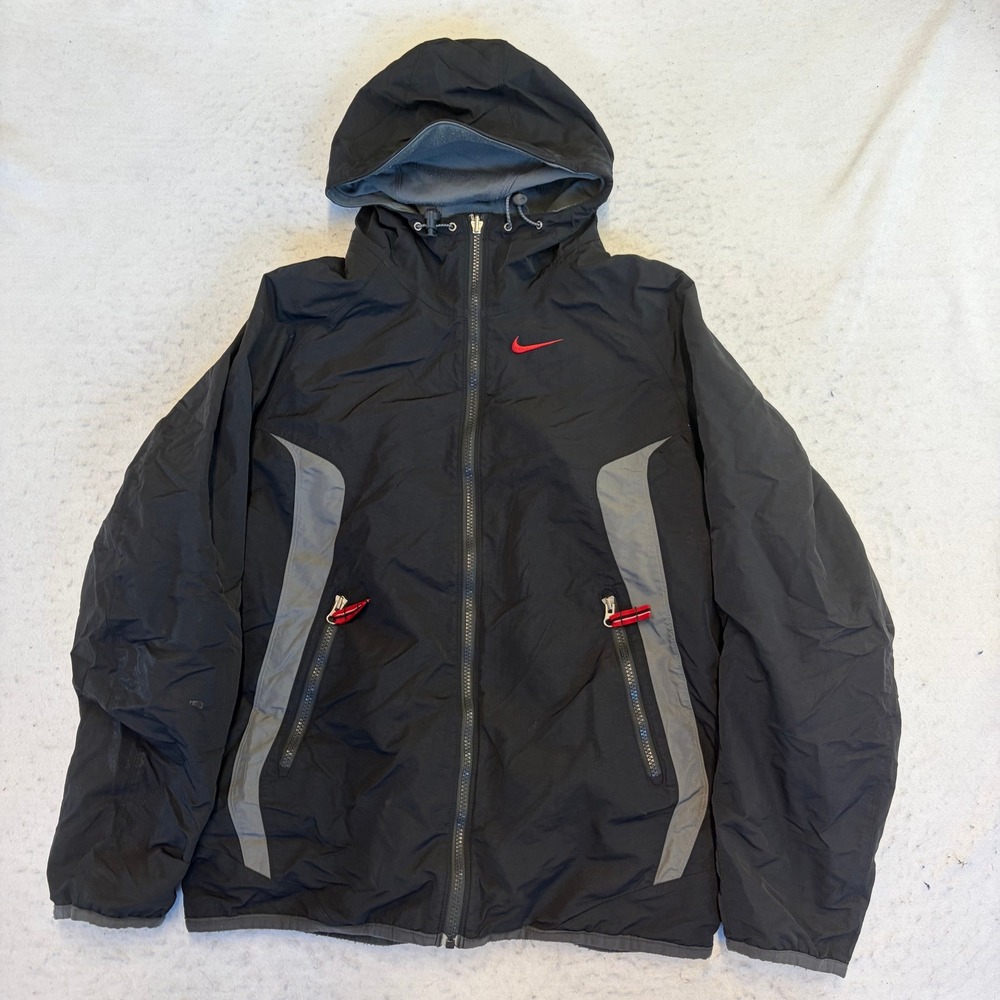 Nike Windbreaker Jacket Mens Small Black Grey Hooded Full Zip Swoosh